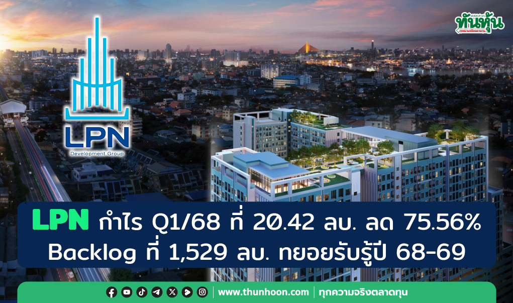 LPN กำไร Q1/68 ที่ 20.42 ลบ. ลด 75.56%, Backlog ที่ 1,529 ลบ.ทยอยรับรู้ปี 68-69